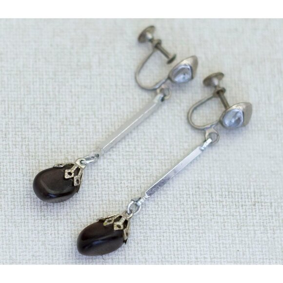 Vintage Victorian Black Stone Screwback Earrings - F1 - Picture 2 of 3